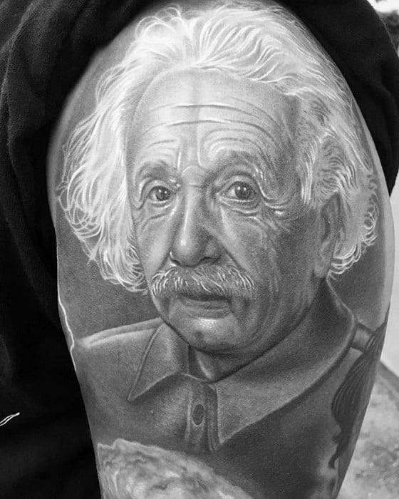Gentleman With 3d Realistic Shaded Albert Einstein Tattoo On Arm