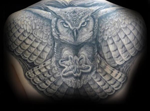 Gentleman With 3d Shaded Owl Flying Back Tattoo Design