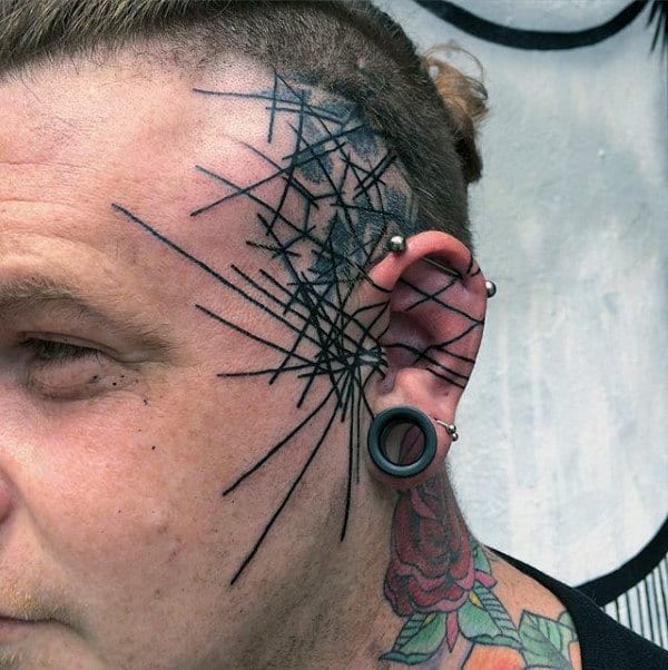 Gentleman With Abstract Black Ink Lines Face Tattoo