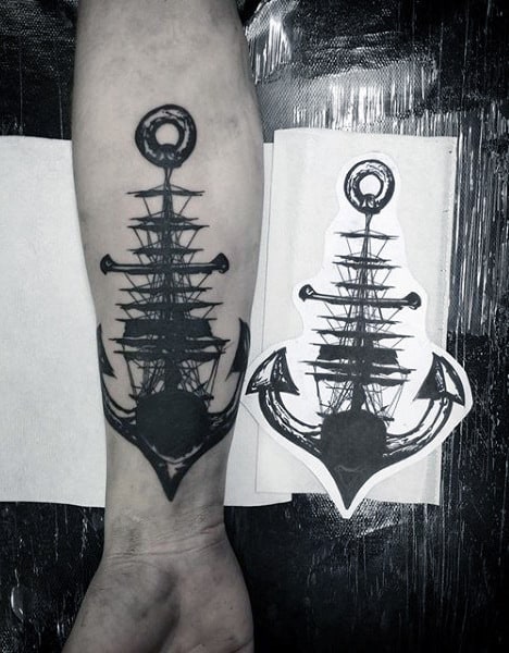 Gentleman With Abstract Ship And Anchor Nautical Inner Forearm Tattoo