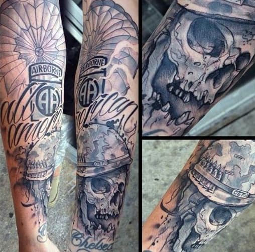 Gentleman With Airborne Skull Parachute Forearm Tattoo