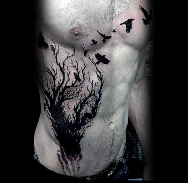 Gentleman With Amazing Tree Crow Black Ink Rib Cage Tattoos