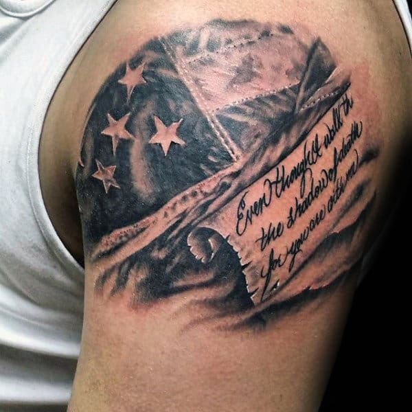 Gentleman With American Flag And Scroll Upper Arm Tattoo