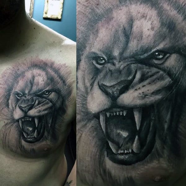 Gentleman With Animal Upper Chest Lion Tattoo Design