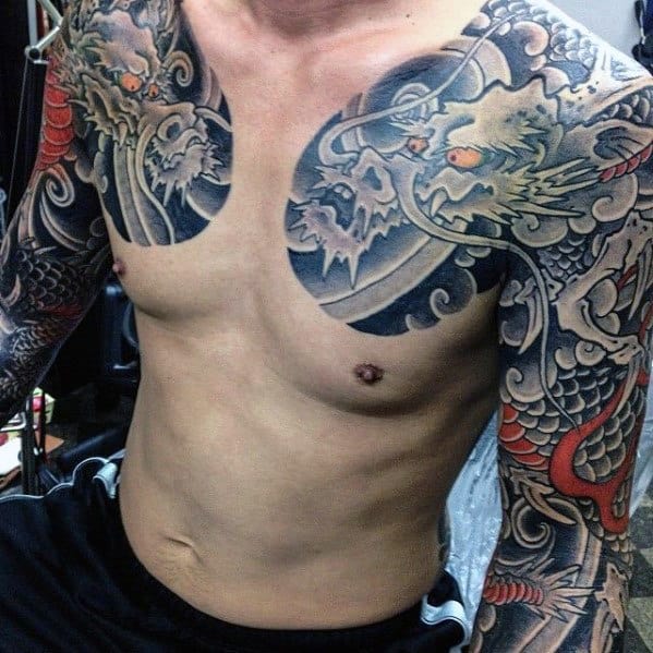 Gentleman With Arm And Chest Dragon Japanese Tattoos
