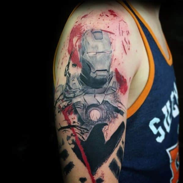 Iron Man tattoo featuring a dynamic portrait of his helmet with vibrant red accents and bold shading, capturing his strength and heroic presence on the upper arm.