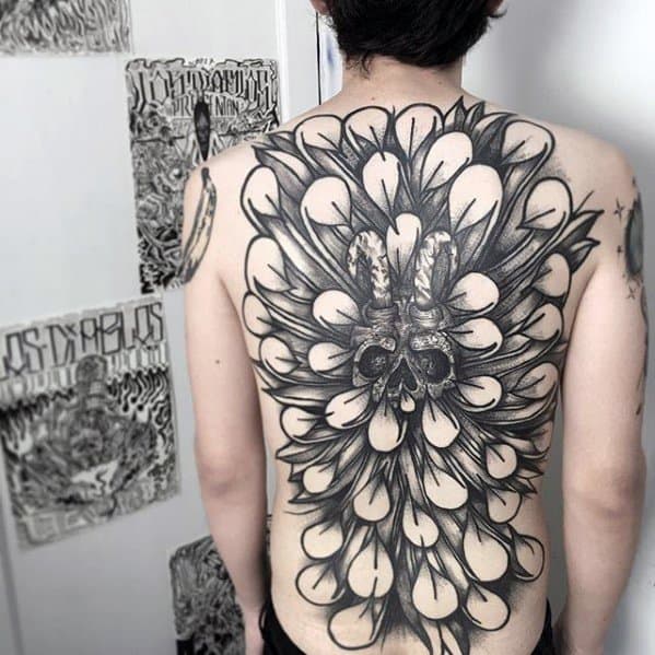 Gentleman With Awesome Feather Skull Back Tattoo