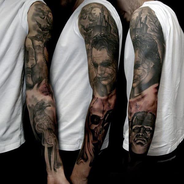 Gentleman With Awesome Frankenstein Themed Full Sleeve Tattoo