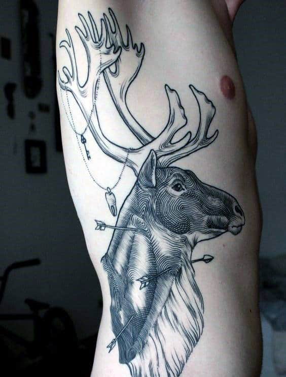 Gentleman With Awesome Rib Cage Side Deer Arrows Tattoo