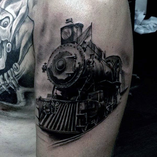 Gentleman With Awesome Train Leg Calf Tattoo Design