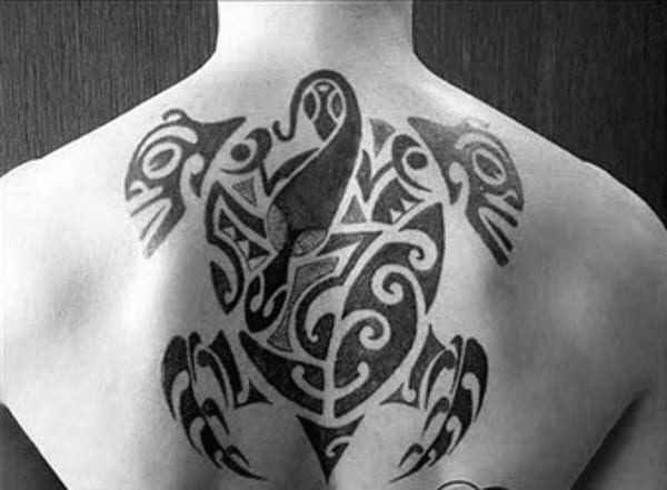 Gentleman With Back Tattoo Of Cool Hawaiian Tribal Turtle