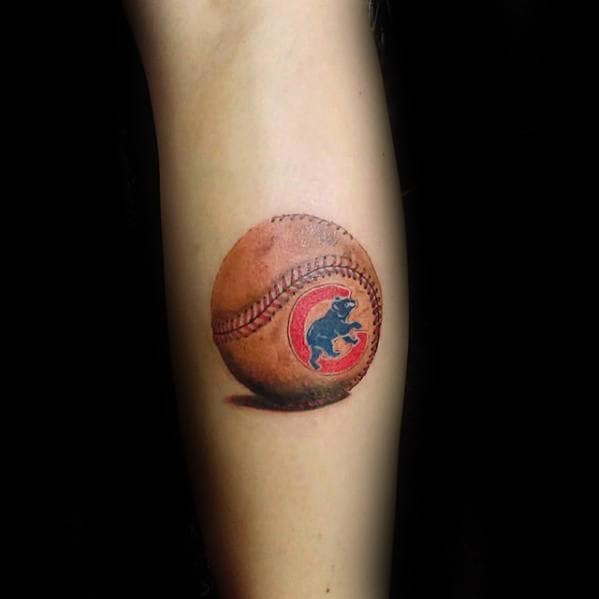 Gentleman With Badass Small Chicago Cubs Baseball 3d Leg Tattoo
