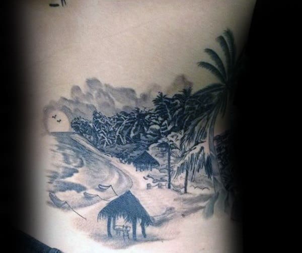 Gentleman With Beach Scene Landscape Rib Cage Side Tattoo