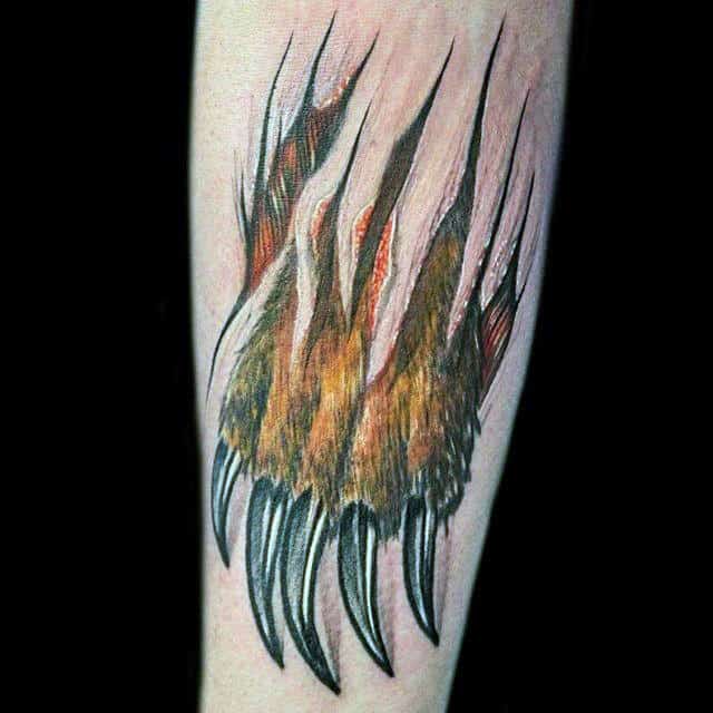 Gentleman With Bear Claw Nails Ripped Skin Forearm Tattoo