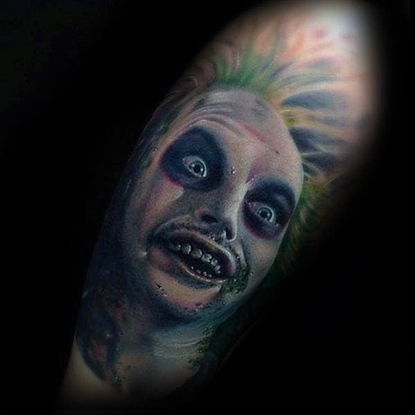 Gentleman With Beetlejuice Portrait Half Sleeve Tattoo