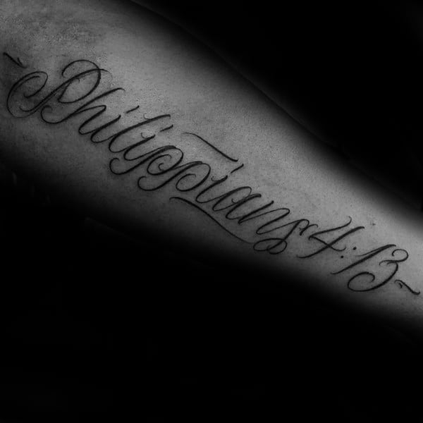 Gentleman With Bible Verse Tattoo Of Philippians 4 13 On Outer Forearm With Script Design