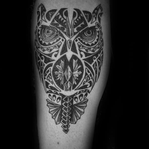 Gentleman With Black And Grey Tribal Owl Hawaiian Tattoo On Leg