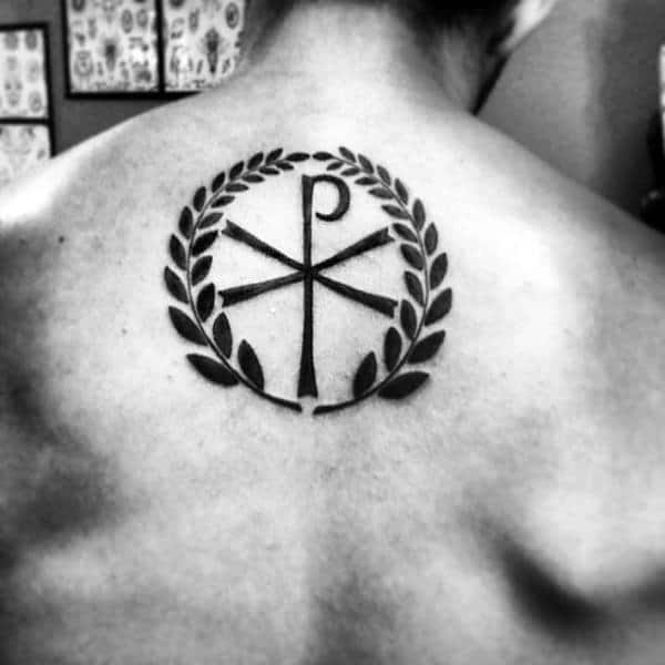 Gentleman With Black Ink Chi Rho Olive Branch Tattoo On Back
