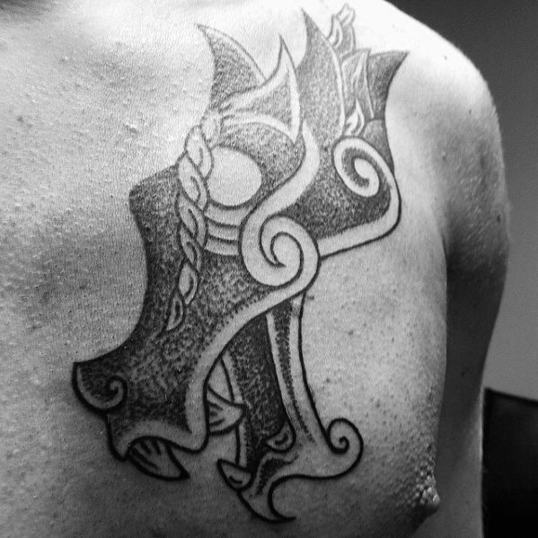 Gentleman With Black Ink Dotwork Celtic Dragon Head Tattoo On Upper Chest