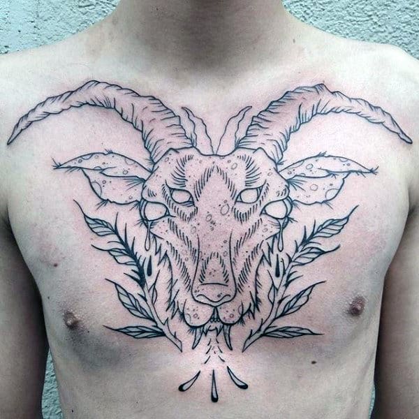 Gentleman With Black Ink Outline Goat Chest Tattoo