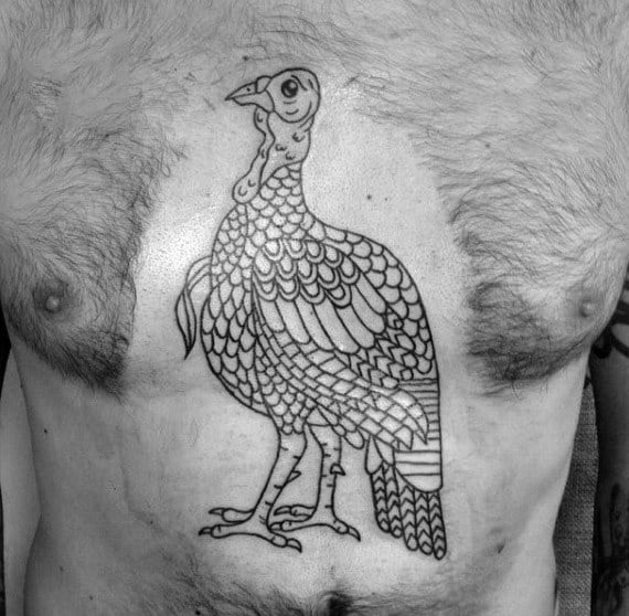 Gentleman With Black Ink Outline Turkey Bird Tattoo On Chest