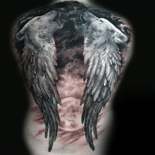 Gentleman With Black Ink Wolves And Angel Wings Back Tattoo