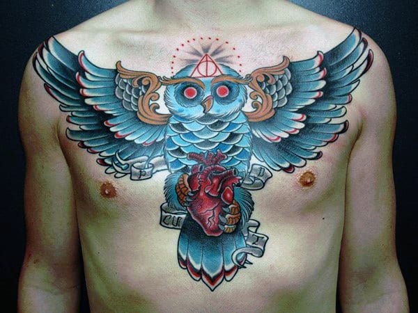 Gentleman With Blue Ink Owl And Heart Chest Tattoo