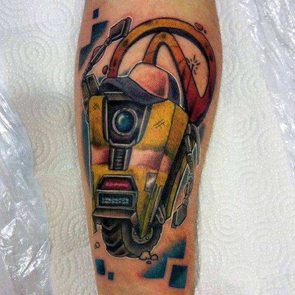 Colorful tattoo of Claptrap from Borderlands with the series logo in the background and blue pixel-style accents around the design.