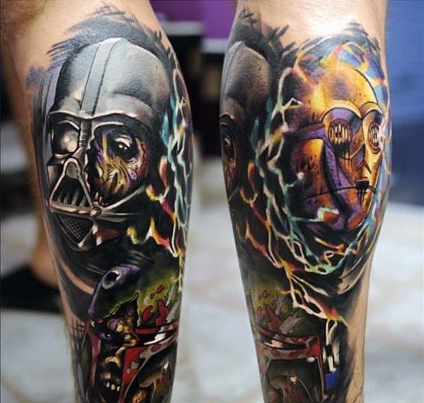 Dark and surreal Star Wars tattoo featuring a battle-worn C-3PO and Darth Vader with electrifying effects and a haunting, dystopian style.