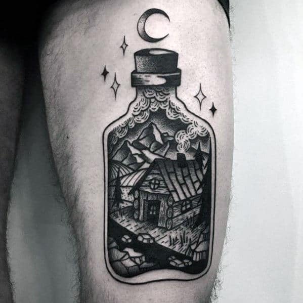 Gentleman With Cabin In A Bottle Cool Thigh Tattoo