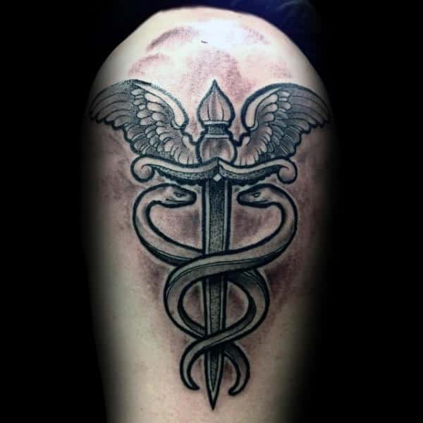 Gentleman With Caduceus Shaded Arm Tattoo Design