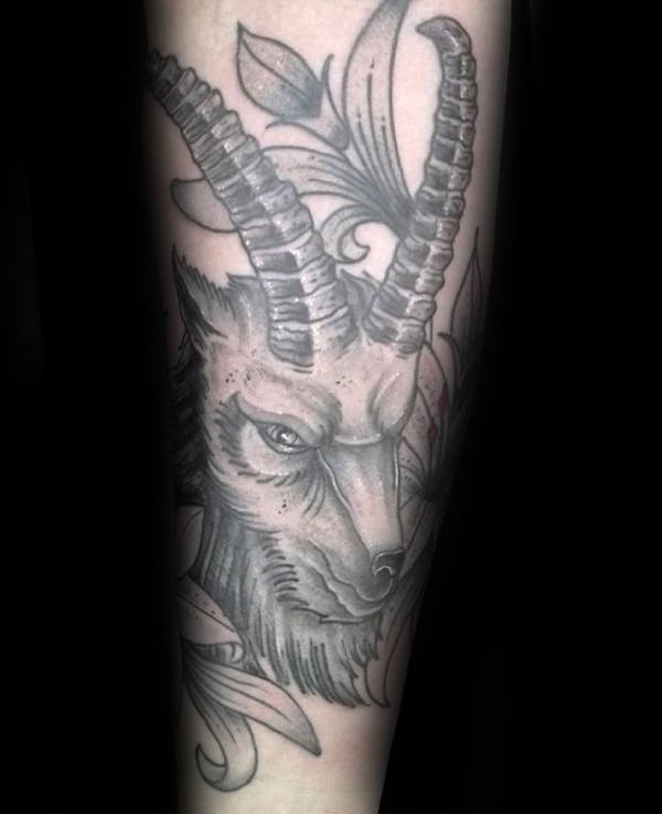 Gentleman With Capricorn Goat Black And Grey Ink Shaded Design On Forearm