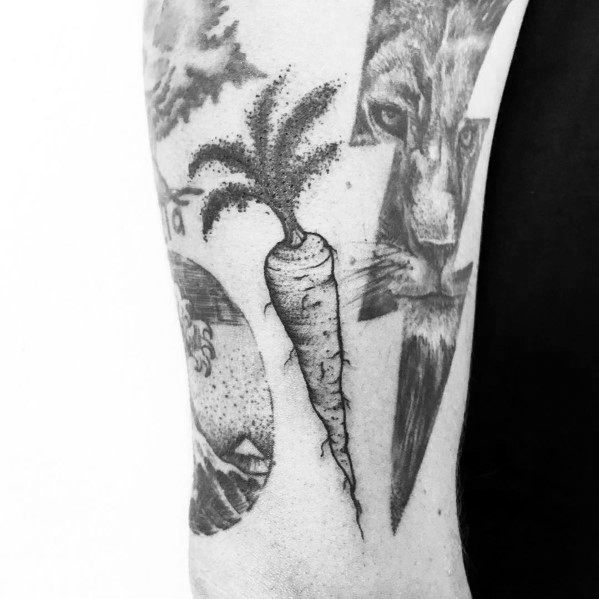 Black and gray carrot tattoo on the arm with fine line detailing and subtle shading, blending seamlessly with other artistic elements.