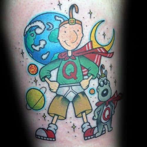 Colorful tattoo of Doug Funnie as Quailman with his dog Porkchop, standing heroically in space with planets, stars, and Earth behind them.