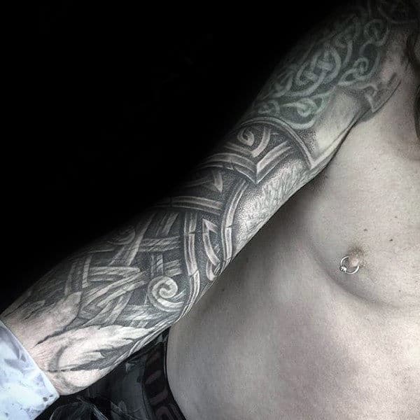 Gentleman With Carved Wood Celtic Full Arm Sleeve Tattoo
