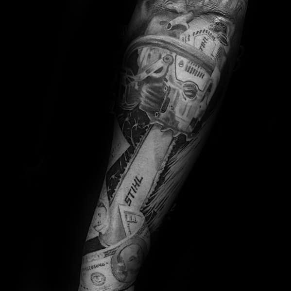 Hyper-realistic black and gray tattoo of a Stihl chainsaw with intense facial details and intricate shading across the forearm.