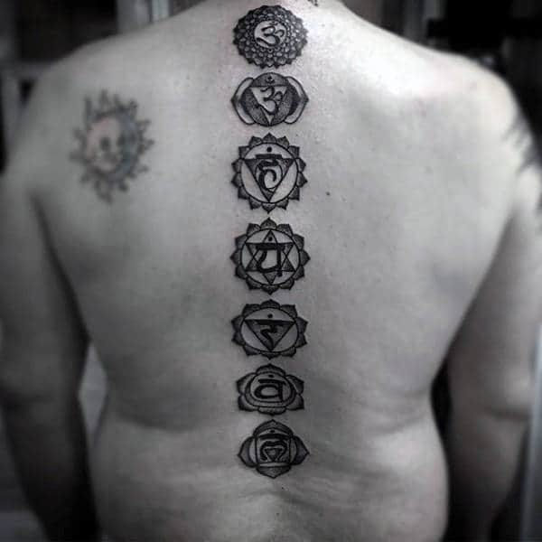 Gentleman With Chakras Spine Tattoo Black Ink Dotwork Design