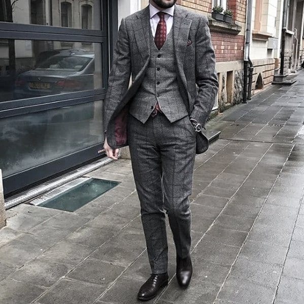 Gentleman With Charcoal Grey Three Piece Suit Brown Shoes Style