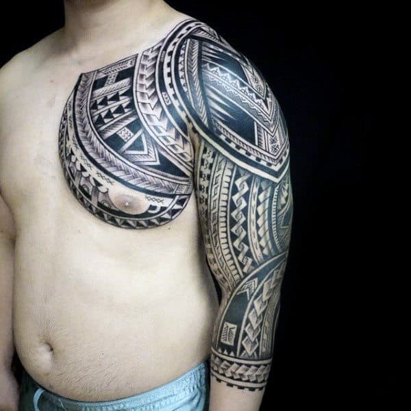 Gentleman With Chest And Half Sleeve Tribal Tattoos Designs