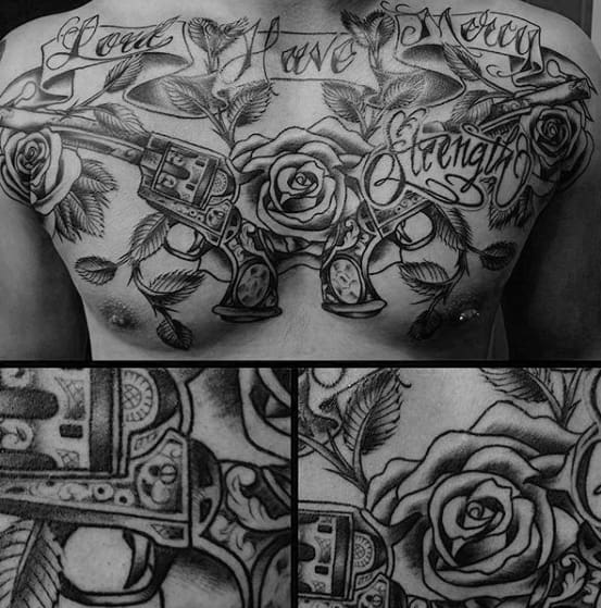 Chest tattoo with detailed roses, two crossed revolvers, and script text reading "Love Have Mercy" and "Strength" in bold lettering.