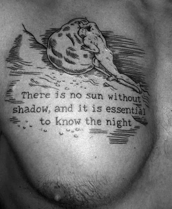 Chest tattoo of Sisyphus resting beside a boulder, paired with the quote “There is no sun without shadow...” in fine line style.