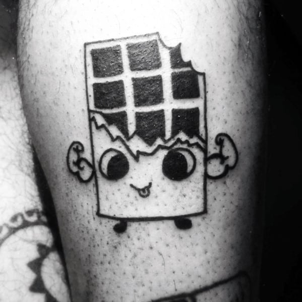 Black and white tattoo of a cute, anthropomorphic chocolate bar with a bite taken out, flexing its arms and featuring a playful expression.