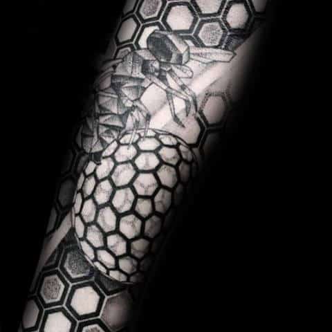 Gentleman With Circle Honeycomb Bee Sleeve Tattoo