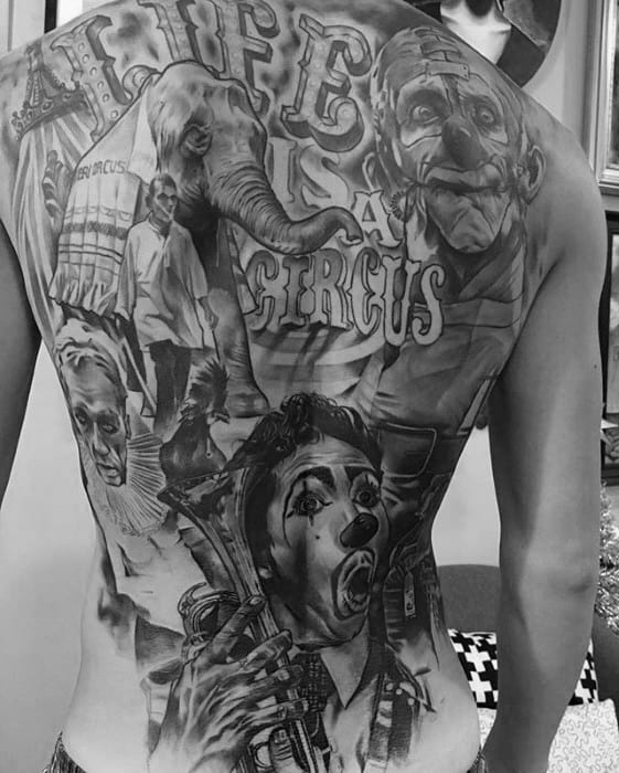 Gentleman With Circus Themed Shaded Full Back Tattoo