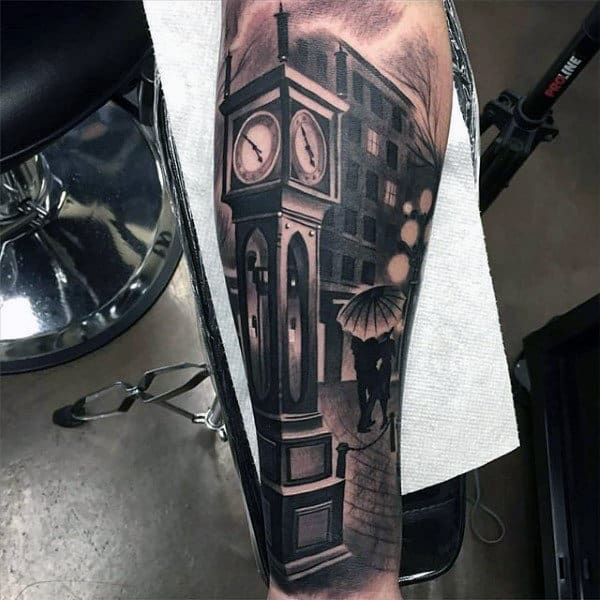 Gentleman With Clock Tower City Street Realistic Inner Forearm Tattoo