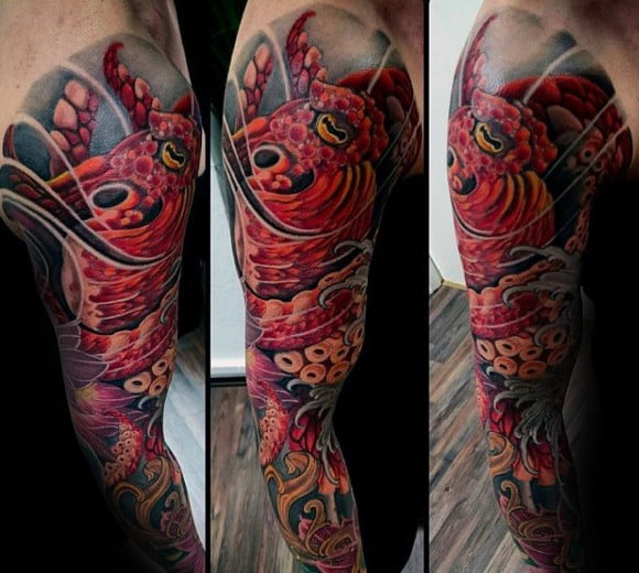 Gentleman With Colorful Kraken Sleeve Tattoo Design
