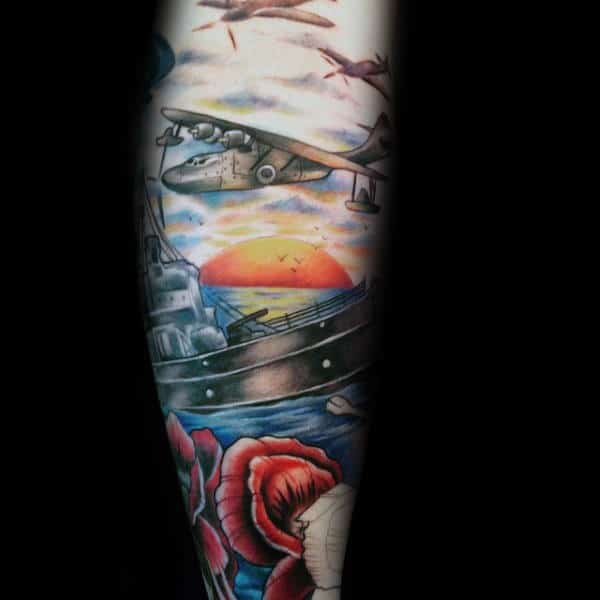 Gentleman With Colorful Navy Ww2 Themed Tattoo