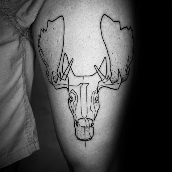 Geometric continuous line tattoo of a moose on the thigh, featuring bold black ink with subtle dot shading for a modern and artistic look.