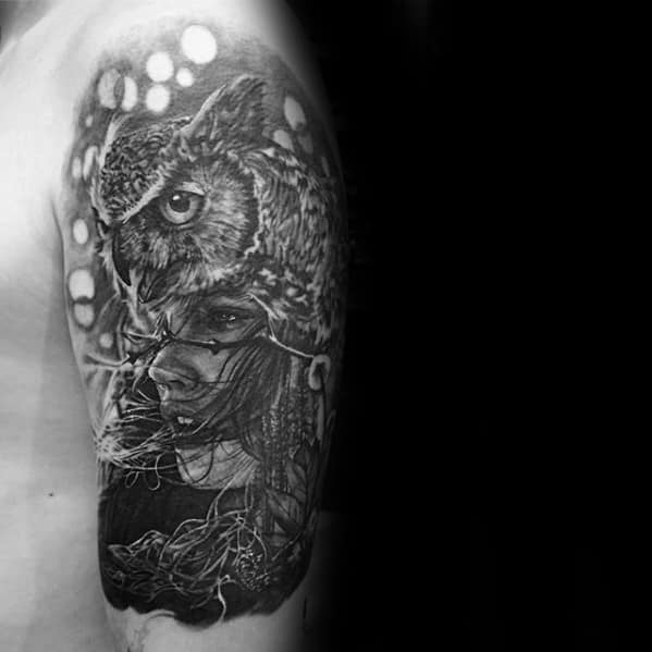 Gentleman With Cool Female Portrait Owl Quarter Sleeve Tattoo
