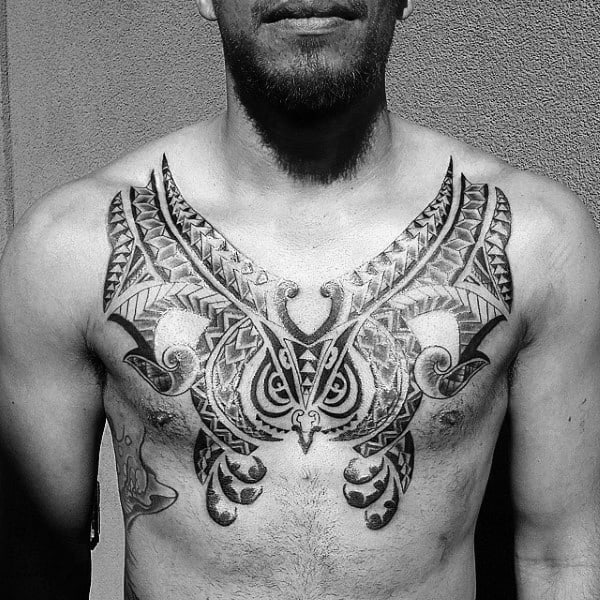 Gentleman With Cool Polynesian Chest Tattoo Design